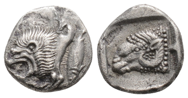 Mysia, Kyzikos AR Trihemiobol. Circa 450-400 BC. Forepart of lion to left, tunny...
