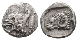 Mysia, Kyzikos AR Trihemiobol. Circa 450-400 BC. Forepart of lion to left, tunny fish behind / Head of ram to left within incuse square. 
Very Rare
1....