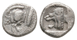 Mysia, Kyzikos AR Obol (?). 525-475 BC. Forepart of boar left, tunny fish behind / Head of roaring lion left, within incuse square.
0.5g 8.1mm