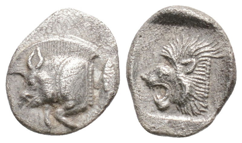 Mysia, Kyzikos AR Obol (?). 525-475 BC. Forepart of boar left, tunny fish behind...