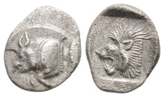 Mysia, Kyzikos AR Obol (?). 525-475 BC. Forepart of boar left, tunny fish behind / Head of roaring lion left, within incuse square.
0.7g 11mm