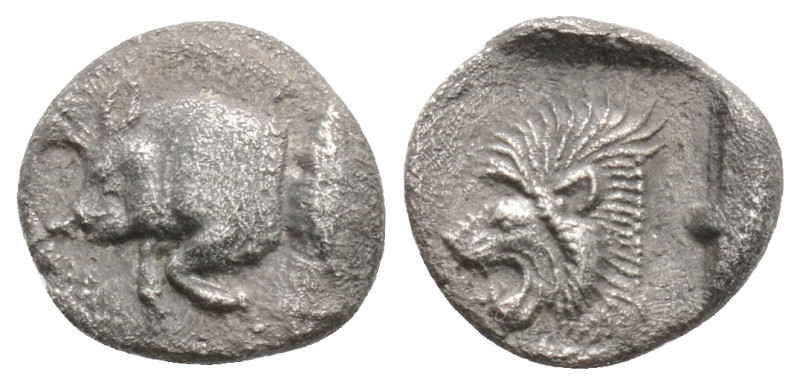 Mysia, Kyzikos AR Obol (?). 525-475 BC. Forepart of boar left, tunny fish behind...