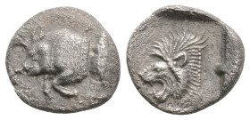 Mysia, Kyzikos AR Obol (?). 525-475 BC. Forepart of boar left, tunny fish behind / Head of roaring lion left, within incuse square.
0.7g 10.3mm