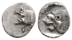 Mysia, Kyzikos AR Obol (?). 525-475 BC. Forepart of boar left, tunny fish behind / Head of roaring lion left, within incuse square.
0.8g 9.5mm