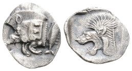 Mysia, Kyzikos AR Obol. c. 450-400. Forepart of boar l., E (retrograde) on shoulder, tunny behind / Head of lion l. within incuse square.
0.7g 12.7mm