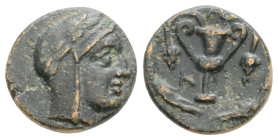 AEOLIS. Myrina. 4th-3rd century BC. Æ Head of Athena to right, wearing crested Attic helmet decorated with griffin right. MY-PI Krater.
1.3g 11.4mm