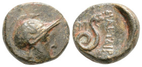 MYSIA. Pergamon. Attalos II Philadelphos (160-139 BC). Ae .
Head of Athena in Attic helmet right. ΦIΛETAIΡOΥ./ Serpent coiled right; monogram in left ...