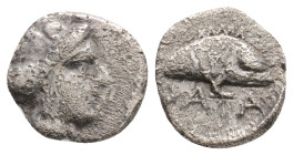 PAPHLAGONIA. Sinope. Datames (Circa 370-360 BC). Obol.
 Head of nymph Sinope right, with hair in sphendone.ΔΑTA.Dolphin right.
0.6g 9.7mm
