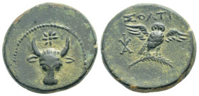 WESTERN ASIA MINOR, Uncertain (Circa 2nd-1st centuries BC) Ae.
Obv: Facing head of bull; star above.
Rev: Owl standing right, head facing and wings sp...