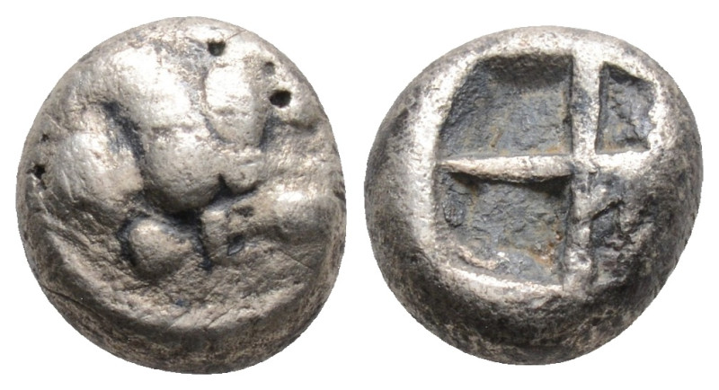 Ionia, Teos AR Obol. Circa 500-460 BC. Griffin seated right / Quadripartite incu...