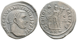 Maximian Æ Nummus. Antioch, circa 298 AD. IMP C M A MAXIMIANVS P F AVG, laureate head right / GENIO POPV LI ROMANI, Genius standing left, holding pate...