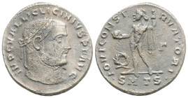 Licinius I Æ Follis. Thessalonica, AD 312. IMP C VAL LICINIVS PF AVG. Laureate head right / IOVI CONSE - RVATORI / B / * SMTS * Jupiter standing en fa...