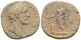 Antoninus Pius Æ Sestertius. Rome, AD 145-161. ANTONINVS AVG PIVS P P TR P COS IIII, laureate head right / SALVS AVG, Salus standing left, feeding sna...