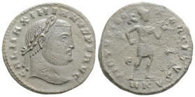 Galerius as Augustus; 305-311 Cyzicus, 308-9 AD, Follis, GAL MAXIMIANVS P F AVG Head laureate r. VIRTVTI E - XE - RCITVS Mars advancing r. holding spe...