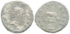Gallienus BI Antoninianus. Antioch, AD 264-265. GALLIENVS AVG, radiate and cuirassed bust left / AETERNITAS AVG, she-wolf standing right, head left, s...