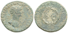 Trajan Æ Semis. Struck in Rome for circulation in Syria, AD 116. IMP CAES NER TRAIANO OPTIMO AVG GERM, radiate bust right, folds of cloak on front sho...