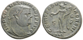 Maximian Æ Nummus. Alexandria, AD 302-303. IMP C M A MAXIMIANVS P F AVG, laureate head right / GENIO POPVLI ROMANI, Genius standing left, modius on he...