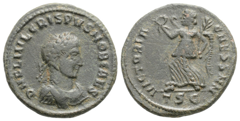 Crispus (Caesar, 316-326). Æ Follis Thessalonica, 319. Laureate and cuirassed bu...