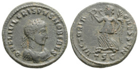 Crispus (Caesar, 316-326). Æ Follis Thessalonica, 319. Laureate and cuirassed bust r. R/ Victory advancing l., holding wreath and palm; •TSE•. 
3.1g 1...
