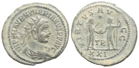Numerian BI Antoninianus. Tripolis, late February 283. IMP C M AVR NVMERIANVS NOB C, radiate, draped, and cuirassed bust right / VIRTVS AVGG, Carus st...