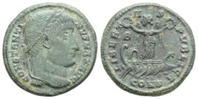 Constantine I Æ Nummus. Constantinople, AD 327. CONSTANTINVS MAX AVG, laureate head right / LIBERTAS PVBLICA, Victory standing facing on galley, head ...