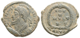Julian II Æ Nummus. Heraclea, AD 361-363. D N FL CL IVLIANVS P F AVG, helmeted and cuirassed bust left, holding spear and shield / VOT X MVLT X X in f...