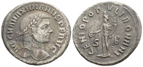 MAXIMIANUS HERCULIUS (Second reign, 307-308). Follis. Treveri.
Obv: IMP C VAL MAXIMIANVS P F AVG.
Laureate and cuirassed bust right.
Rev: GENIO POP...