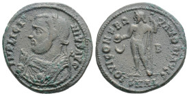 Licinius II, as Caesar, BI Nummus. Alexandria, AD 317-320. D N VAL LICIN LICINIVS NOB C, laureate and draped bust to left, holding sceptre and mappa /...