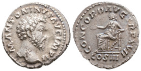 Marcus Aurelius AR Denarius. Rome, AD 161-162. M ANTONINVS AVG, bare head right / CONCORD AVG TR P XVI, concordia seated left on throne, holding pater...