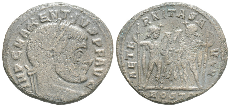 Maxentius Æ Nummus. Ostia, 312 BC. IMP C MAXENTIVS P F AVG, laureate head right ...