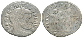 Maxentius Æ Nummus. Ostia, 312 BC. IMP C MAXENTIVS P F AVG, laureate head right / AETERNITAS AVG N, the Dioscuri standing facing each other, their hor...