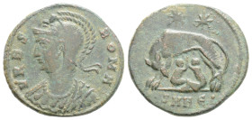 Urbs Roma Series Æ17. Antioch, circa 330-335 AD. Helmeted bust of Roma left, wearing imperial mantle / Wolf standing left, suckling twins; two stars a...