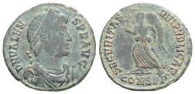 Valens Æ Nummus., AD 364-367. D N VALENS P F AVG, pearl-diademed, draped and cuirassed bust right / SECVRITAS REIPVBLICAE, Victory advancing right hol...