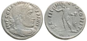 Constantine I Æ Nummus. Rome, AD 317. CONSTANTINVS PF AVG, laureate and cuirassed bust right / SOLI INVICTO COMITI, Sol standing left, holding globe, ...
