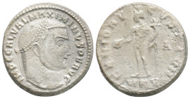 Maximinus II Æ Follis.Maximinus II Æ Follis. Nicomedia, AD 312. Laureate head right / Genius standing left, holding patera and cornucopiae, altar to l...