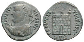 Licinius I Æ Follis. Heraclea, AD 317. IMP LICINIVS AVG, laureate and draped bust left with globe, sceptre and mappa / PROVIDENTIAE AVGG, three-turret...