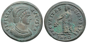 Helena Æ Nummus. Antioch, AD 328-329. FL HELENA AVGVSTA, diademed and mantled bust right, wearing necklace / SECVRITAS REIPVBLICE, Empress standing le...