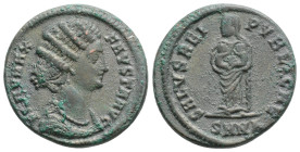 Fausta (wife of Constantine I) Æ Nummus. Sirmium, AD 324-5. FLAV MAX FAUSTA AVG, waved hair, mantled bust right / SALVS REI PVBLICAE, Salus standing t...