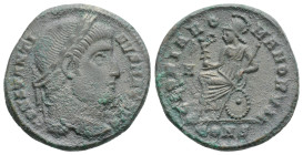 Constantine I Æ Nummus. Constantinople, AD 327. CONSTANTINVS MAX AVG, diademed head right / GLORIA ROMANORVM, Roma seated left on shield, holding Vict...
