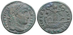 Constantine I Æ Nummus. Constantinople, AD 327. CONSTANTINVS MAX AVG, laureate head right / LIBERTAS PVBLICA, Victory standing facing on galley, head ...