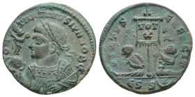 Constantine II As Caesar Æ Nummus. Siscia, AD 320. CONSTANTINVS IVN NOB C, laureate, draped, and cuirassed bust left, holding Victory on globe and map...