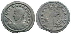 Crispus Æ Nummus. Siscia, AD 317-326. IVL CRISPVS NOB CAES, laureate and cuirassed bust left, holding spear and shield / VIRTVS EXERCIT, standard with...