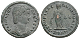 Helena Æ Nummus. Antioch, AD 327-328. FL HELENA AVGVSTA, diademed and mantled bust right, wearing necklace / SECVRITAS REIPVBLICE, Empress standing le...
