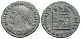 Constantine II, as Caesar, Æ Nummus. Antioch, AD 325-6. CONSTANTINVS IVN NOB C, laureate, draped and cuirassed bust left / PROVIDENTIAE CAESS, camp ga...