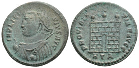 Licinius I Æ Follis. Heraclea, AD 317. IMP LICINIVS AVG, laureate and draped bust left with globe, sceptre and mappa / PROVIDENTIAE AVGG, three-turret...