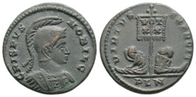 Crispus, as Caesar, Æ Nummus. London, circa AD 320. CRISPVS NOB CAES, helmeted and cuirassed bust right / VIRTVS EXERCIT, standard inscribed VOT XX wi...