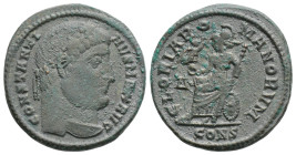 Constantine I Æ Nummus. Constantinople, AD 327. CONSTANTINVS MAX AVG, diademed head right / GLORIA ROMANORVM, Roma seated left on shield, holding Vict...