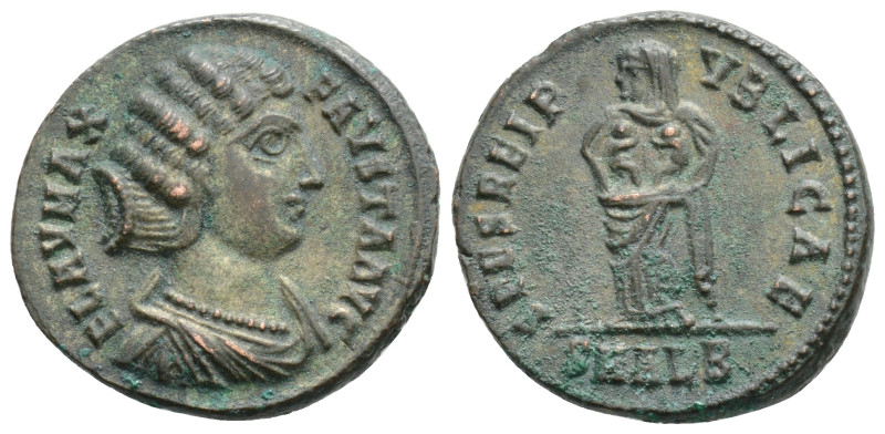 Fausta Æ Follis. Alexandria, AD 325-326. FLAV MAX FAVSTA AVG, waved hair, draped...