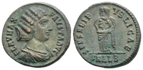 Fausta Æ Follis. Alexandria, AD 325-326. FLAV MAX FAVSTA AVG, waved hair, draped bust right / SPES REIPVBLICAE, Salus standing facing, looking left, v...