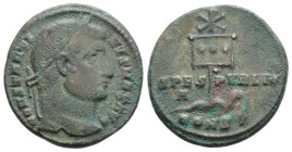 Constantine I 'the Great' Æ Nummus. Constantinople, AD 327. CONSTANTINVS MAX AVG, laureate head right / Labarum, with three medallions on vexillum and...